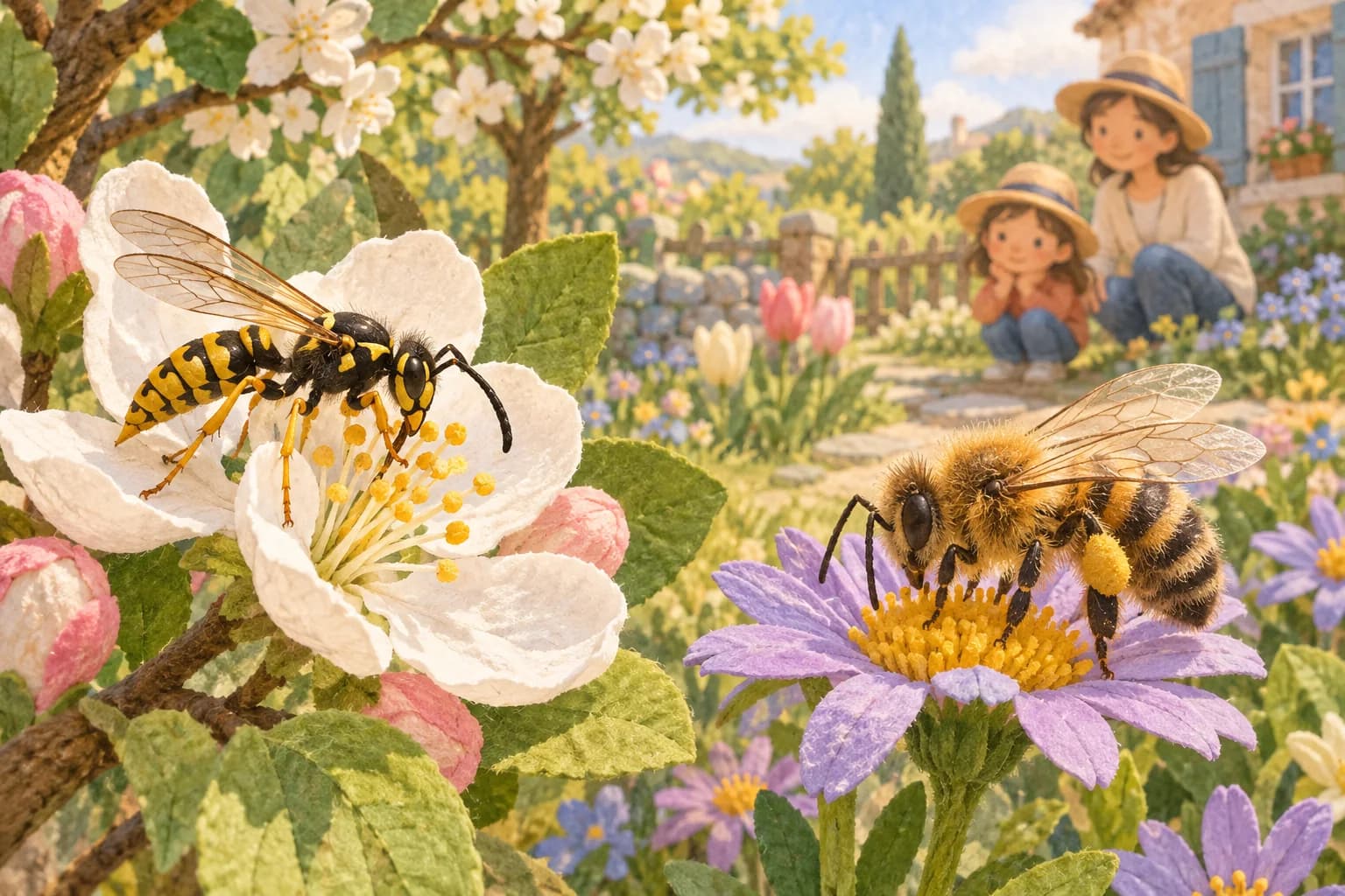 Une guêpe lisse et une abeille velue sur des fleurs printanières, observées à distance par un enfant et un adulte.