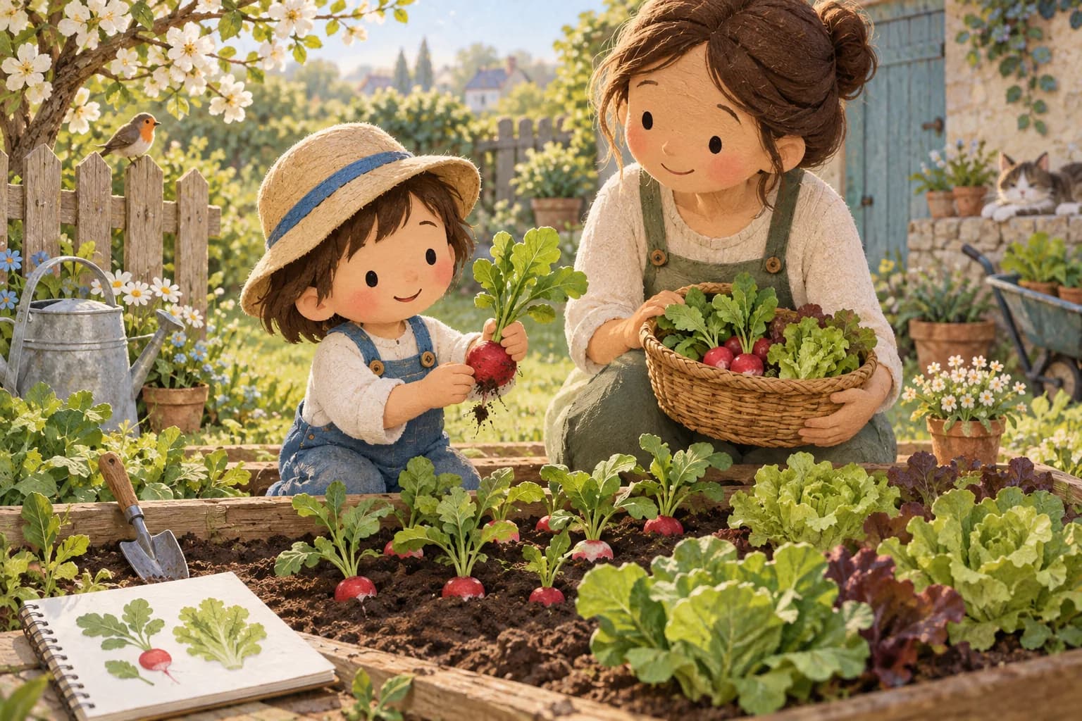Un enfant et un parent récoltent des radis et des feuilles de laitue dans un petit potager au printemps.