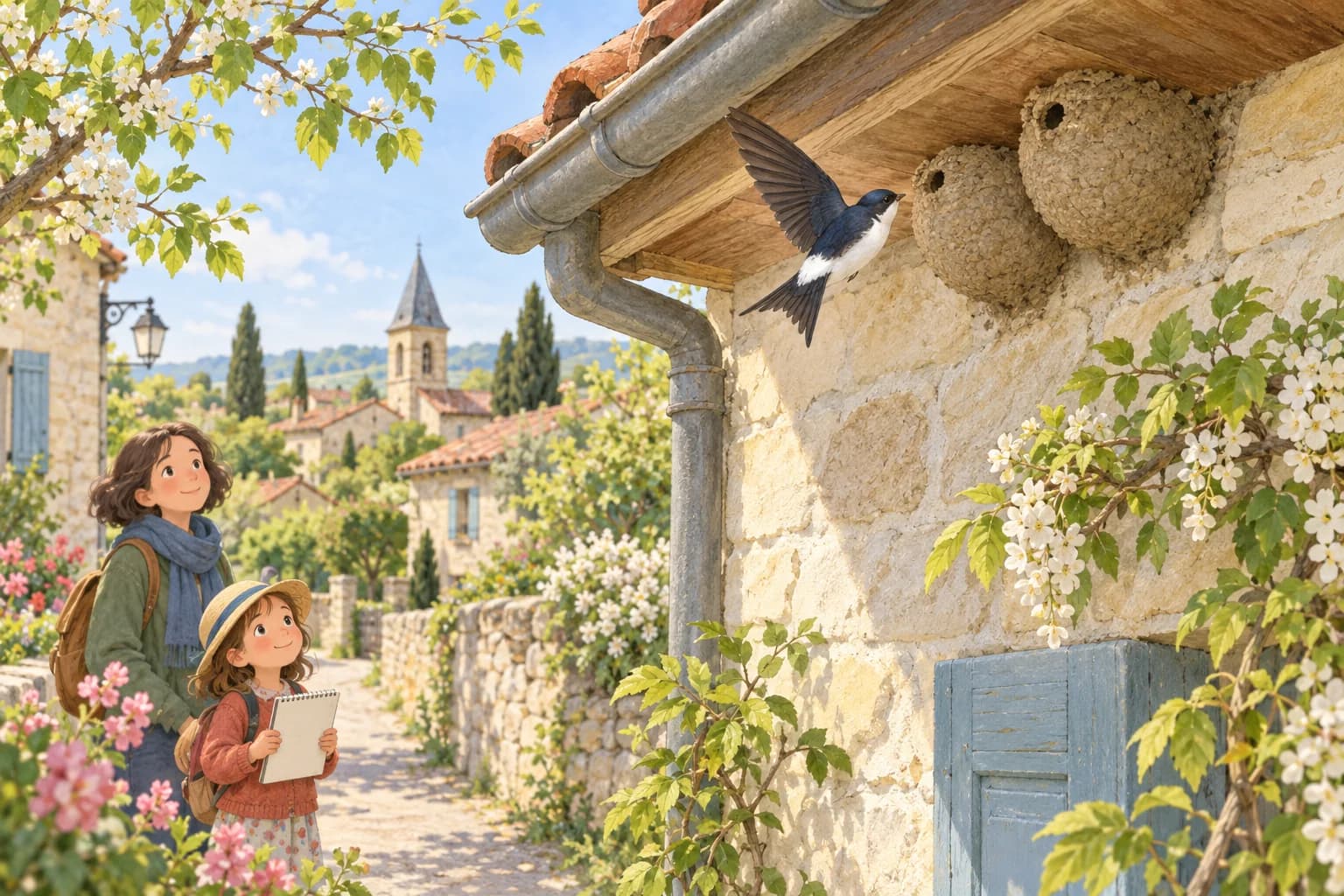 Un enfant et un adulte observent à distance deux nids d’hirondelles de fenêtre sous le toit d’une maison.