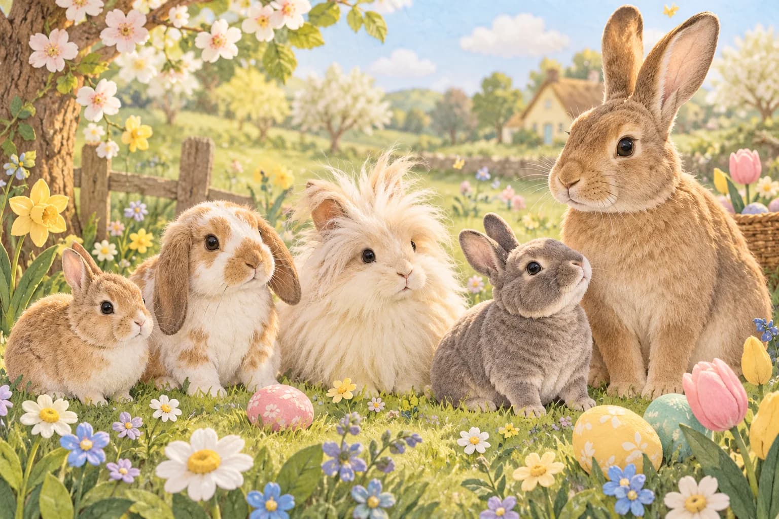 Illustration de plusieurs lapins de races et de tailles différentes dans un décor de printemps