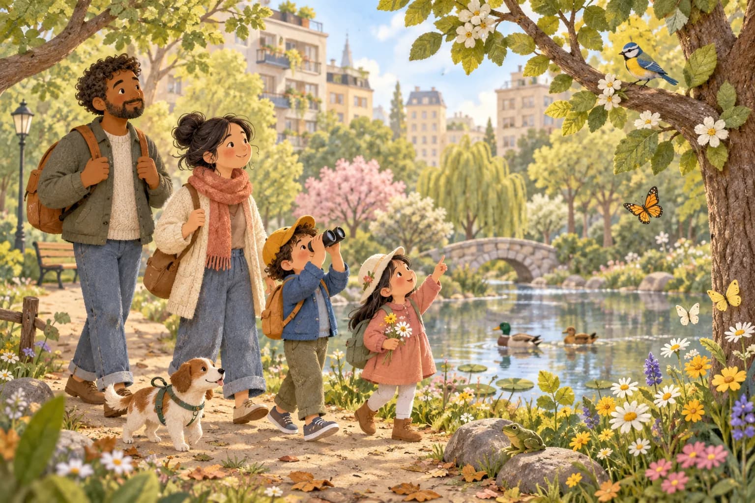 Un enfant observe un oiseau dans un parc urbain au printemps avec sa famille