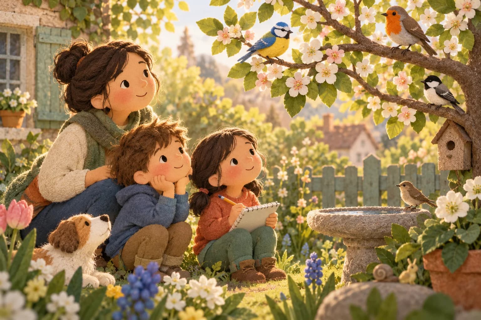 Un parent et deux enfants observent des oiseaux dans un jardin fleuri au printemps.