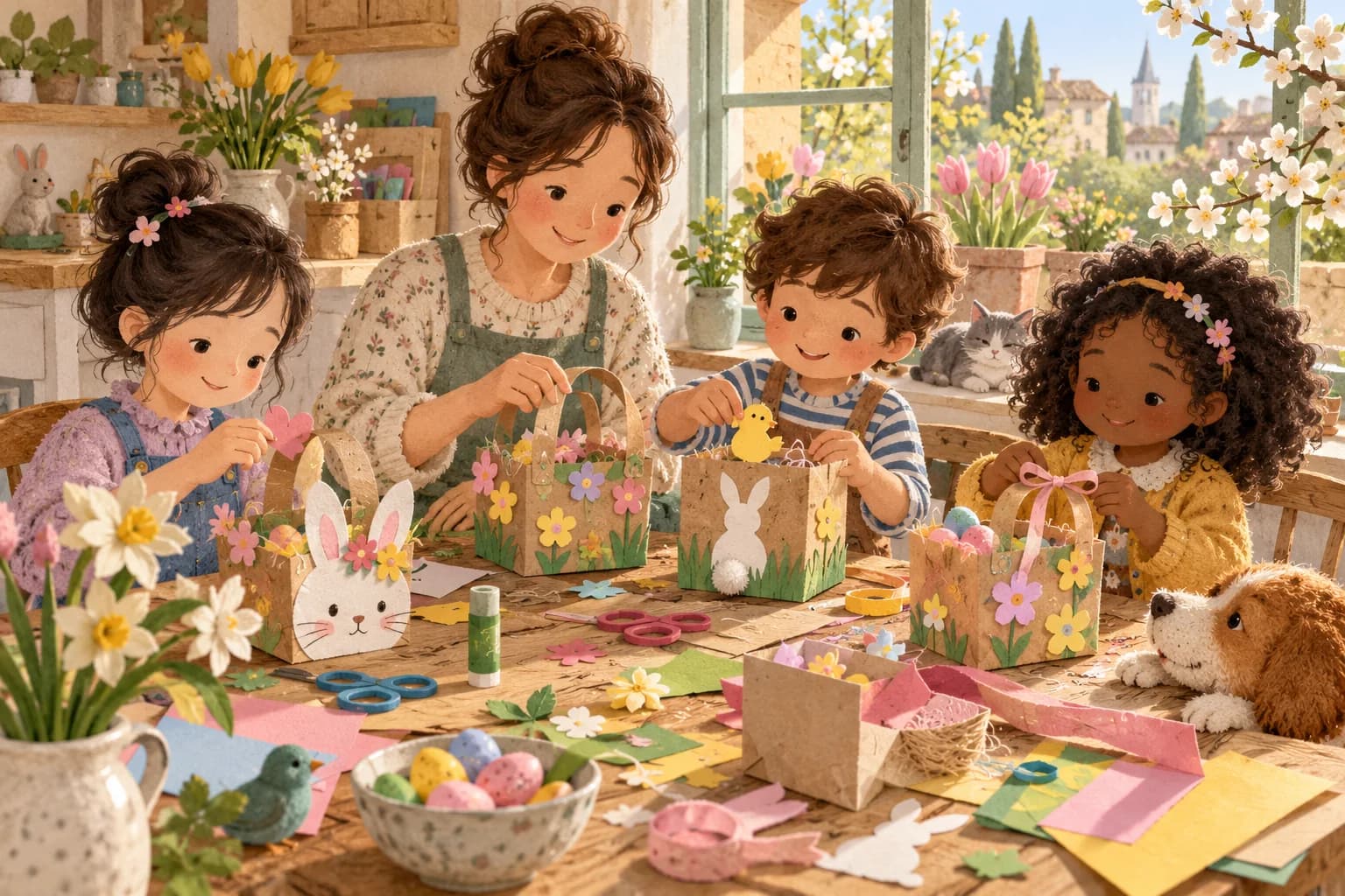 Un parent et deux enfants fabriquent des paniers de Pâques avec du carton et du papier récupérés