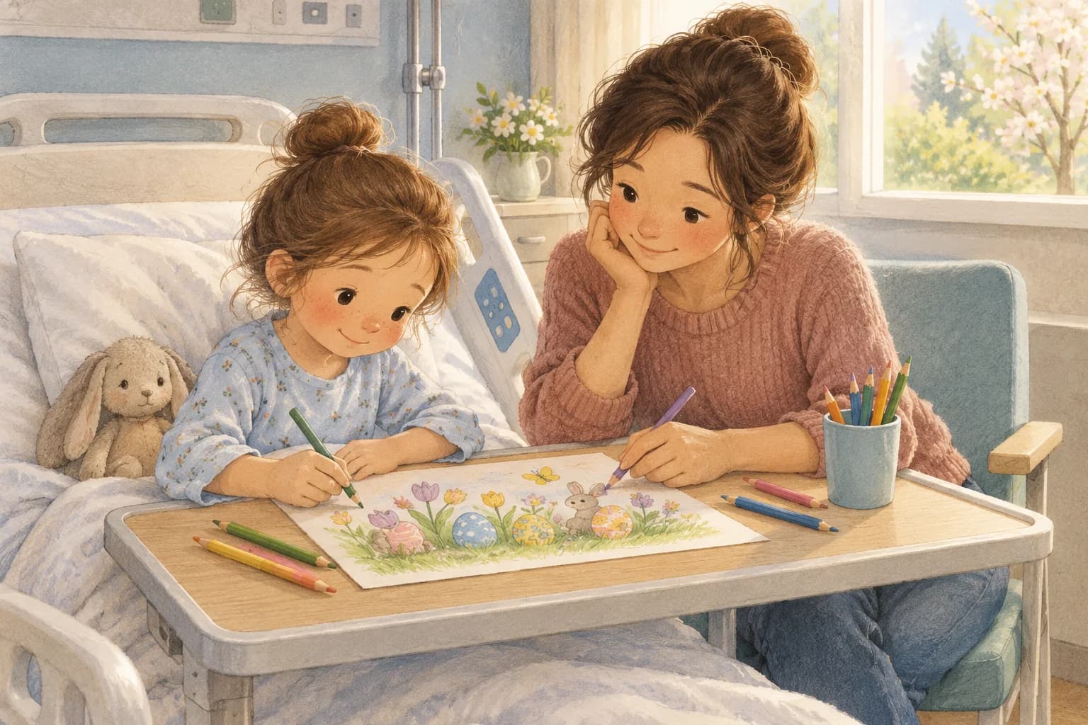 Un enfant et son parent dessinent un petit jardin de Pâques sur une feuille dans une chambre d’hôpital.