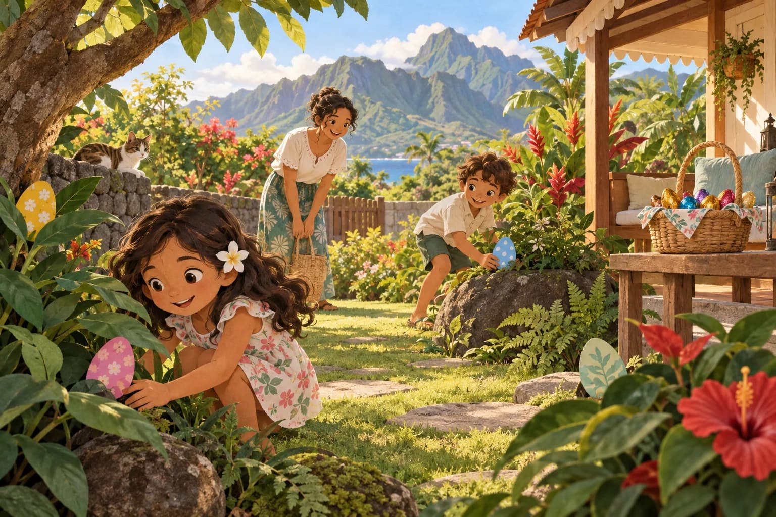 Deux enfants et un parent cherchent des œufs dans un jardin tropical ombragé de La Réunion, devant des montagnes.