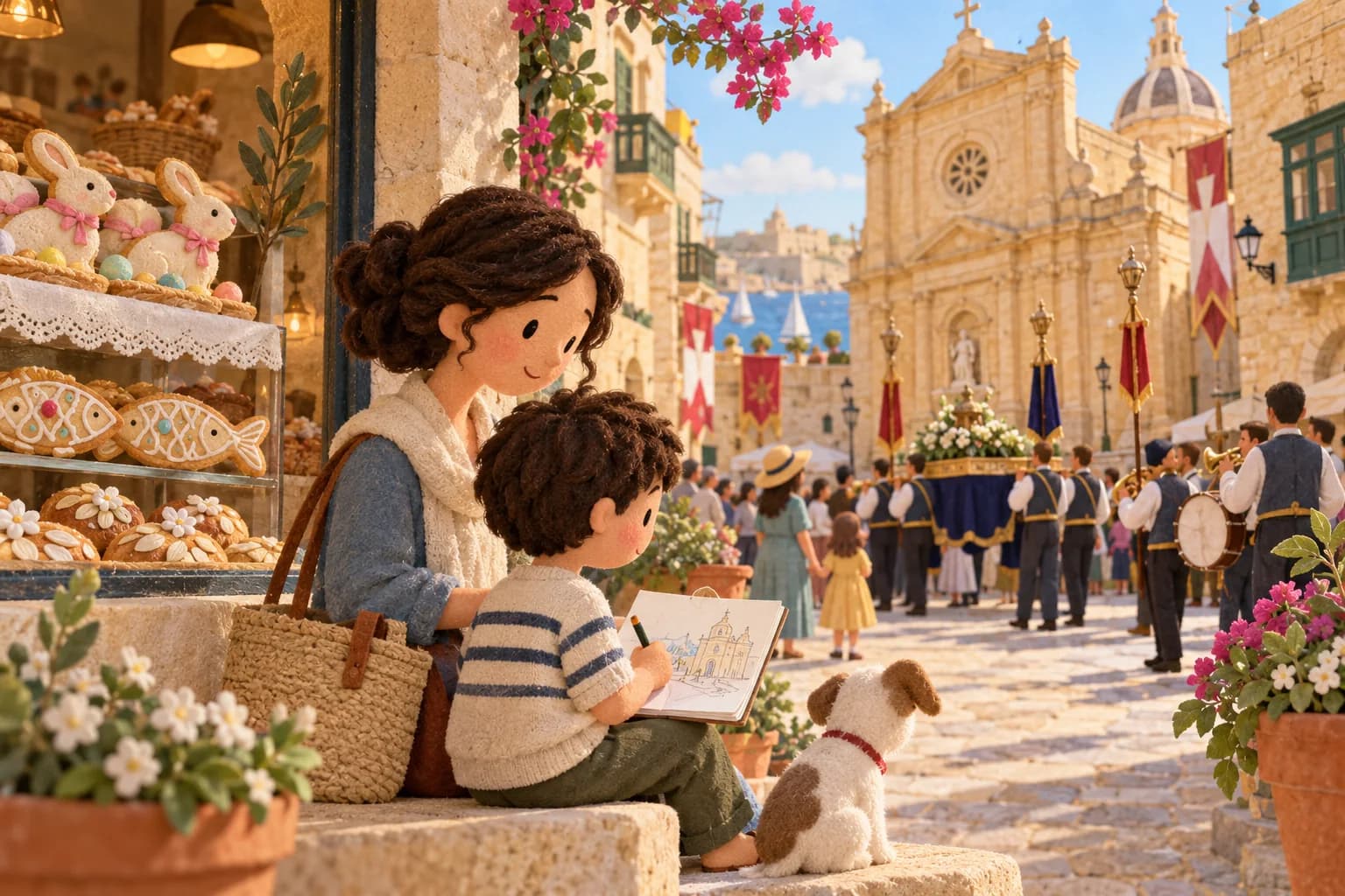 Une famille observe une procession sur une place maltaise, près d’une vitrine de pâtisseries de Pâques.