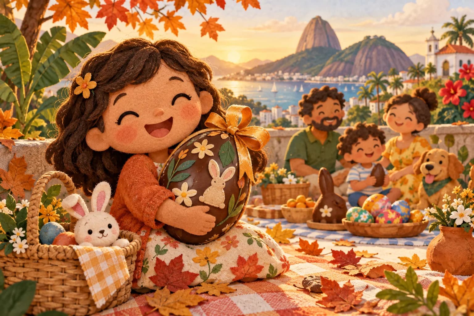 Enfant brésilien tenant un œuf de Pâques en chocolat dans un décor d’automne