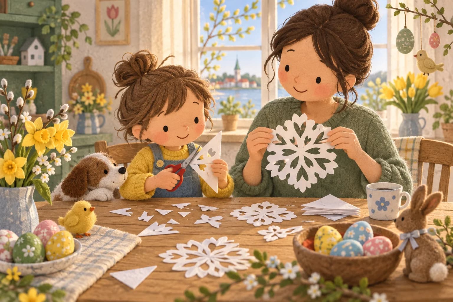 Un enfant et un parent fabriquent une lettre de Pâques en papier autour d’une table fleurie