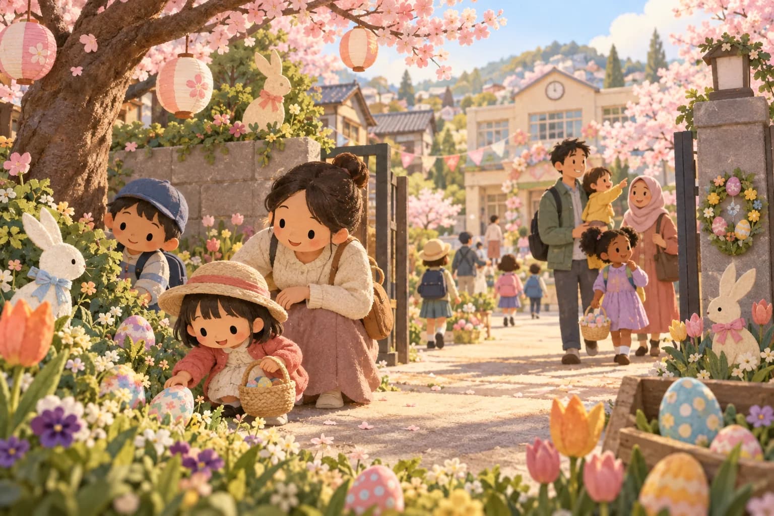 Une famille découvre des œufs décorés sous les cerisiers en fleurs au Japon