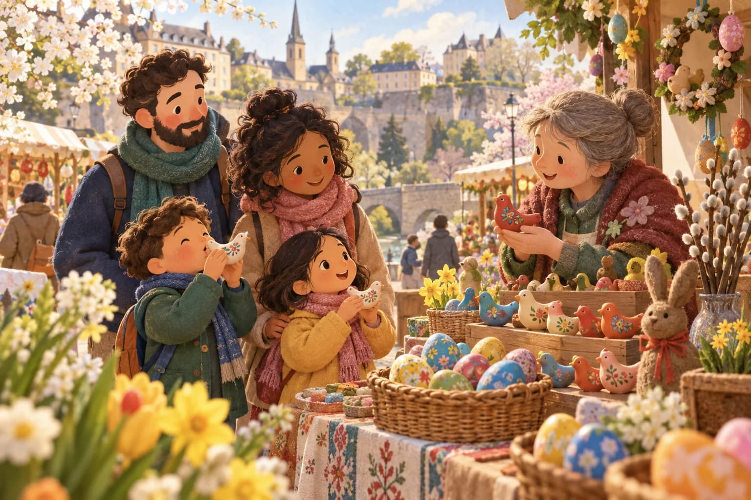 Famille découvrant un marché traditionnel de Pâques au Luxembourg