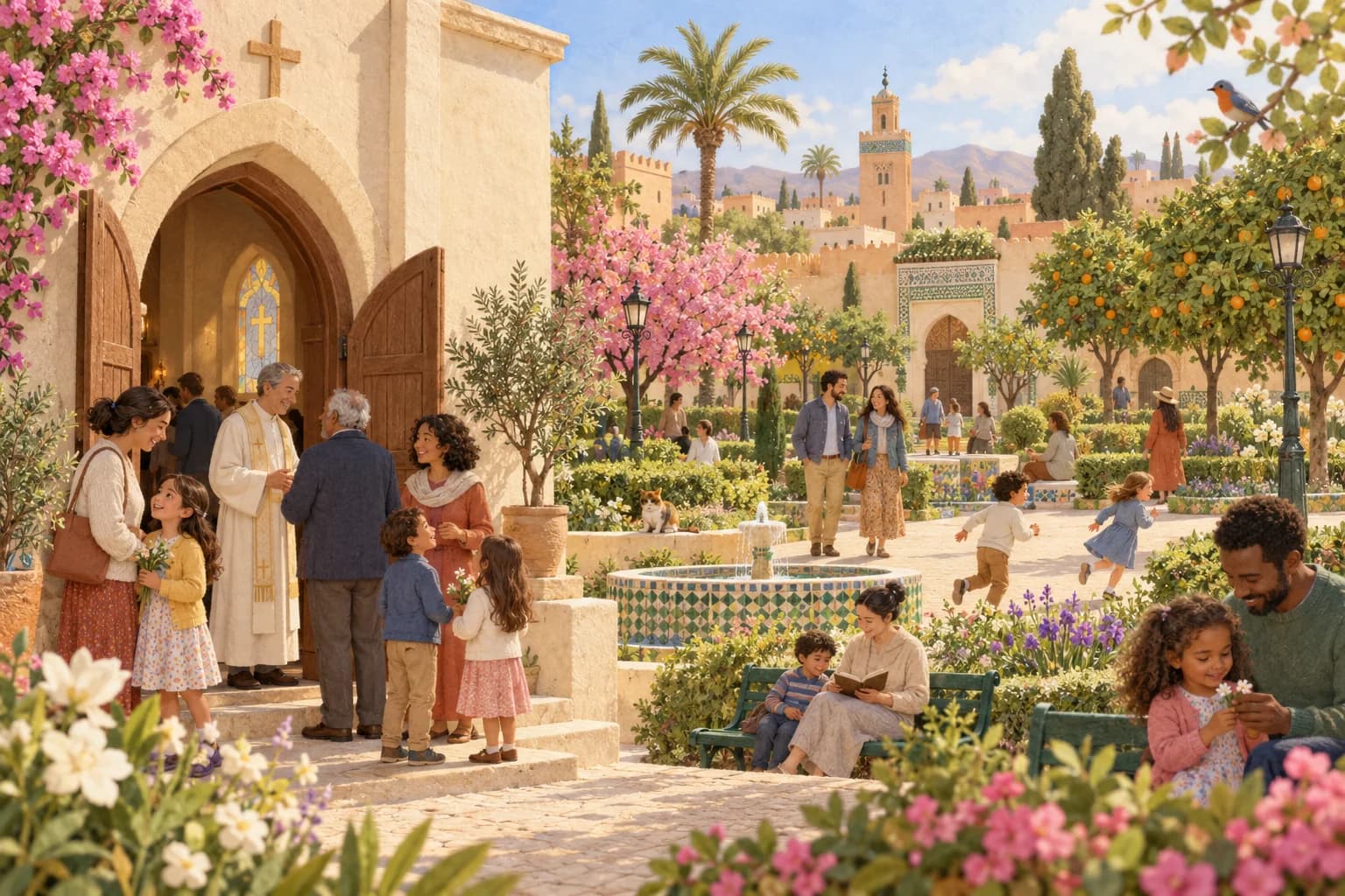 Au printemps au Maroc, un petit groupe se réunit près d’une église tandis que des familles profitent d’un jardin voisin.