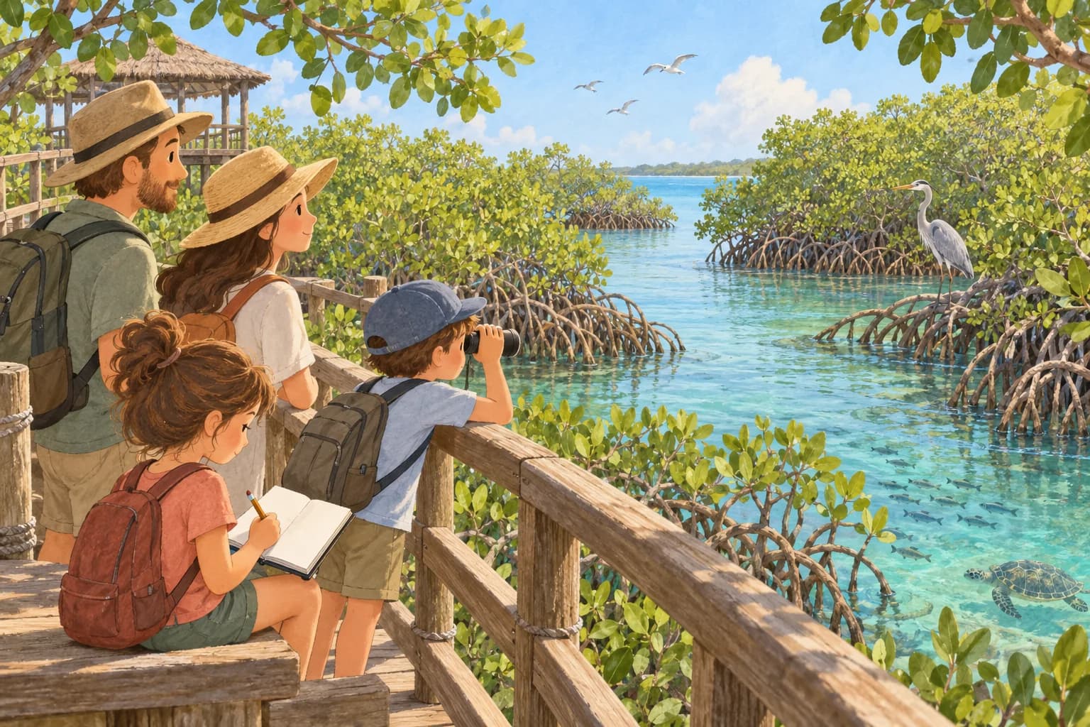 Une famille observe les oiseaux et les racines d’une mangrove au Mexique depuis une passerelle.