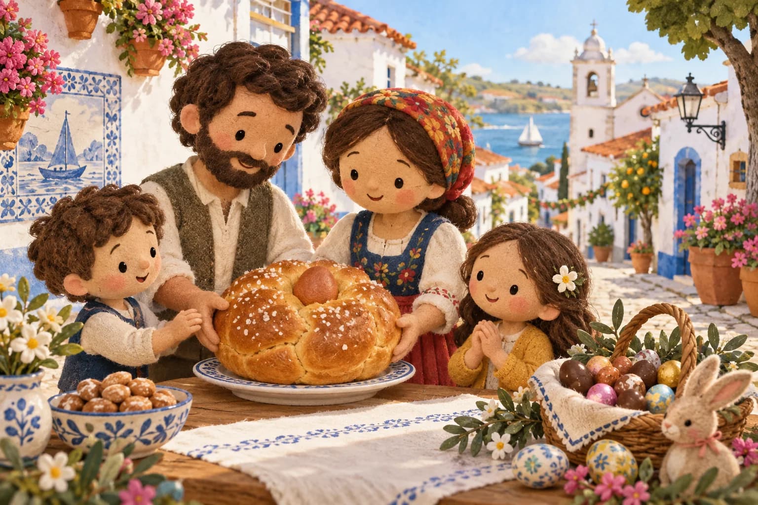 Famille portugaise partageant un pain de Pâques dans un village fleuri