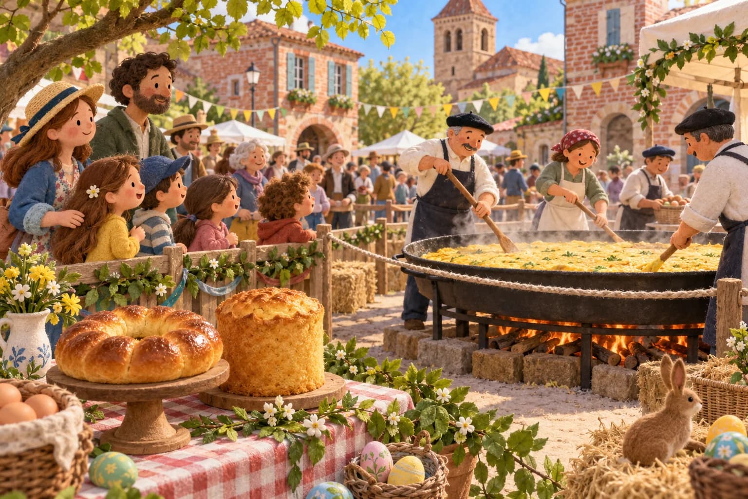 Une famille observe la préparation d’une omelette géante dans un village du Sud-Ouest, près de gâteaux régionaux.