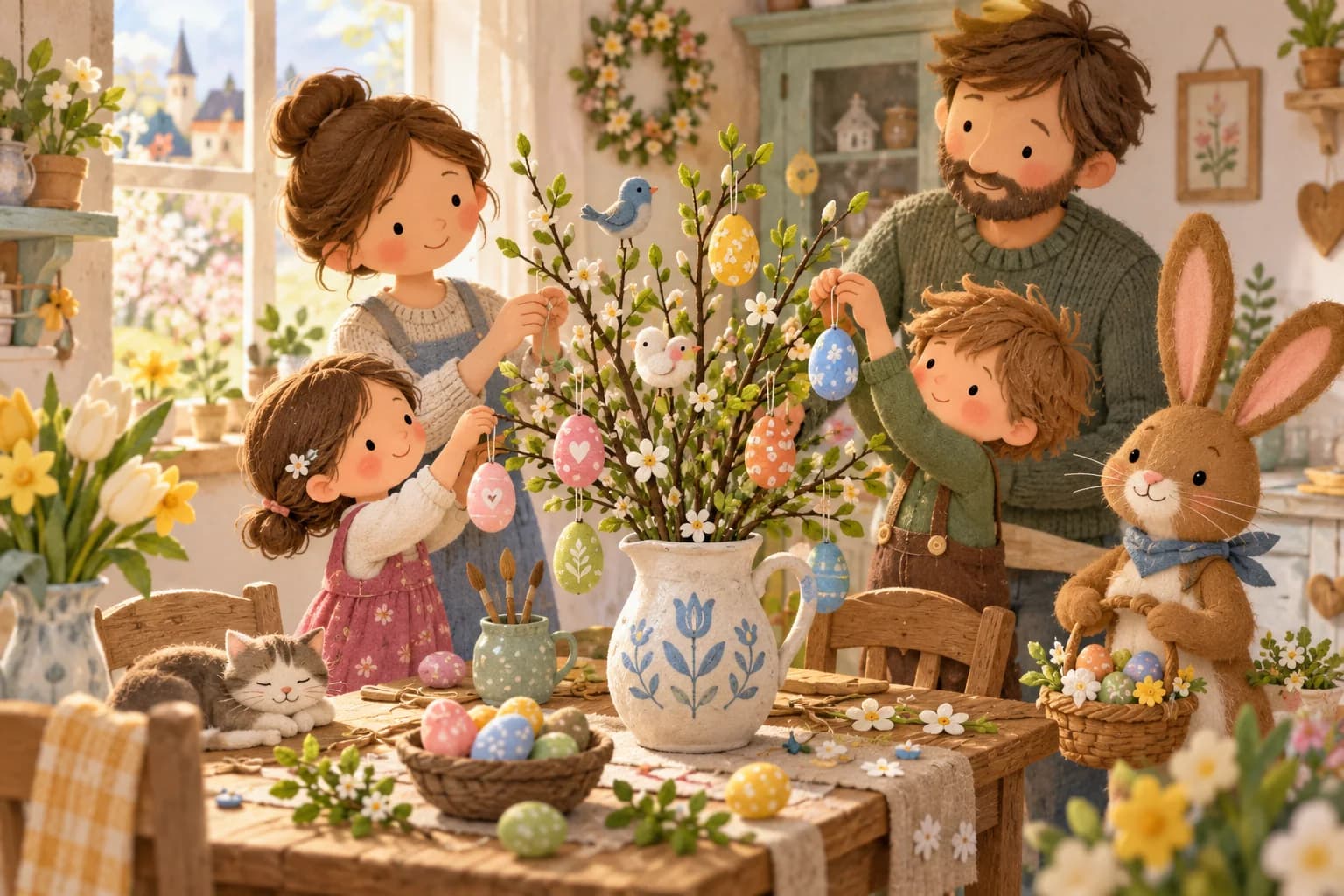 Enfants décorant un arbre de Pâques avec des œufs colorés et un lapin près d’un panier