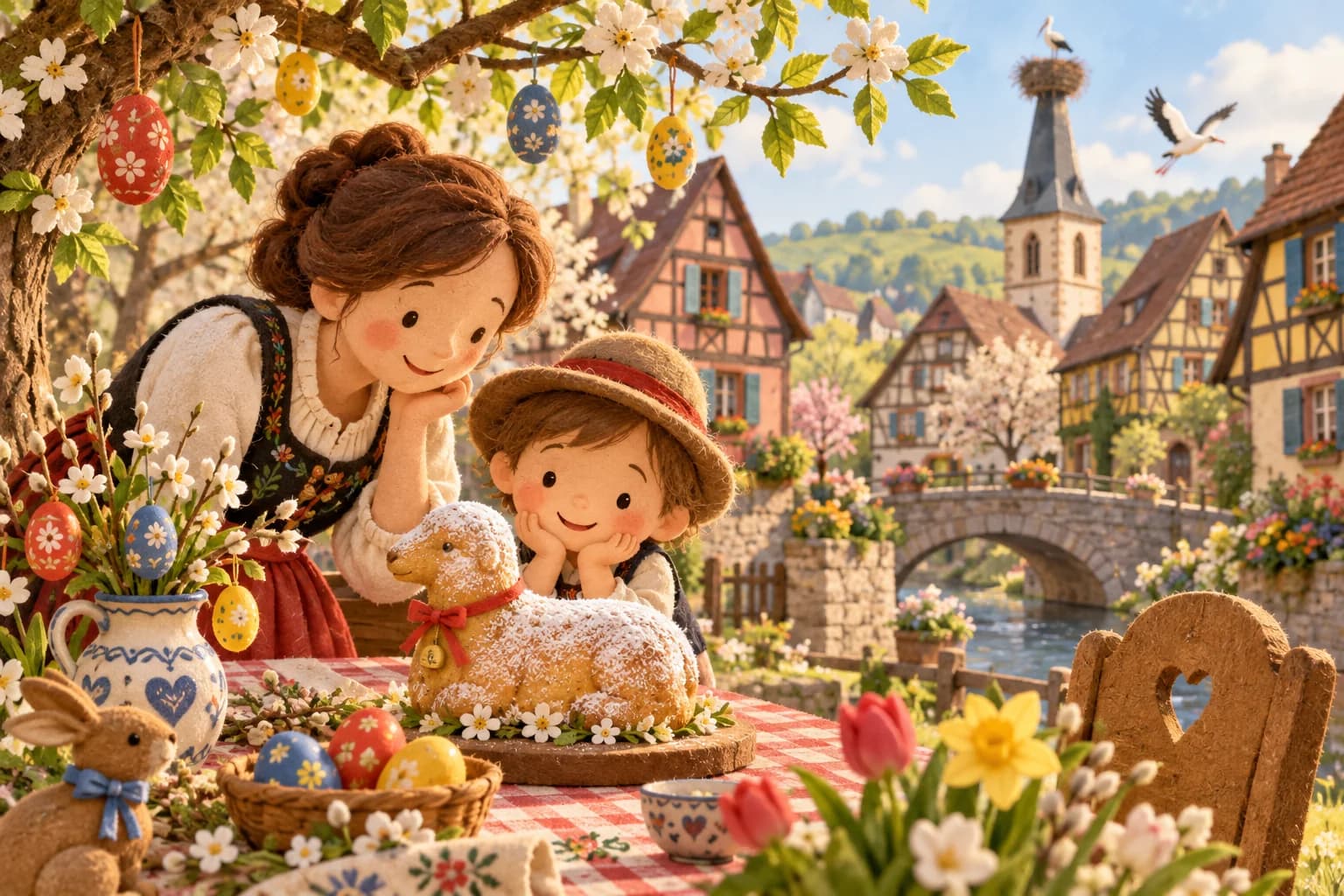 Village alsacien décoré d’œufs de Pâques avec un enfant et un parent