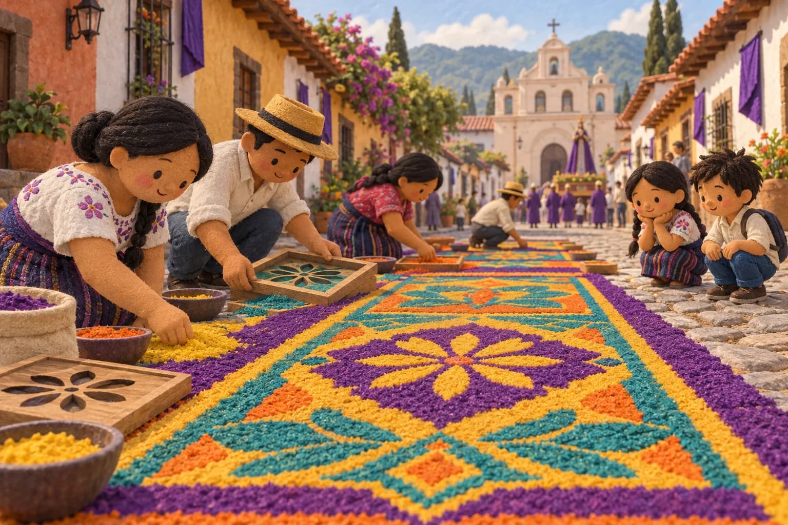 Des habitants créent un tapis de sciure colorée dans une rue d'Amérique centrale, sous le regard de deux enfants.