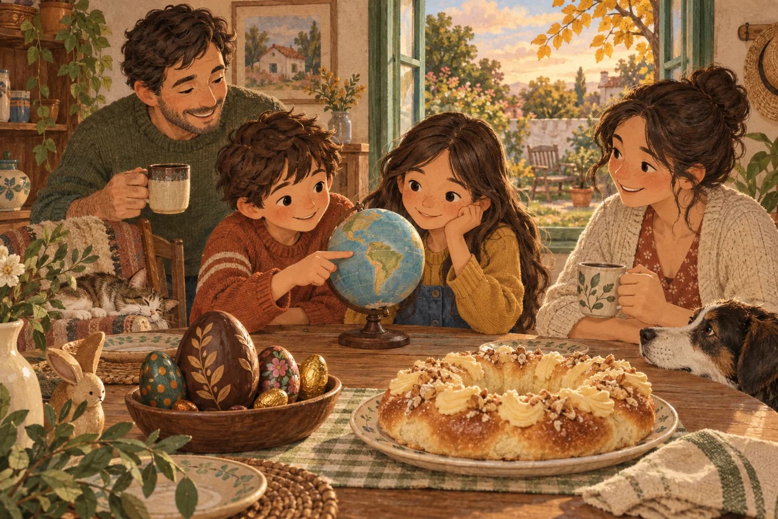 Une famille partage des œufs en chocolat et une couronne sucrée à Pâques, devant un jardin aux couleurs d’automne.