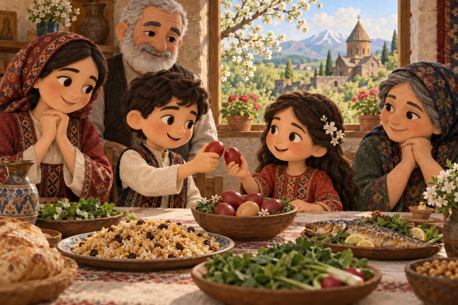 Une famille arménienne réunie autour d’une table de Pâques, où deux enfants entrechoquent doucement des œufs rouges.