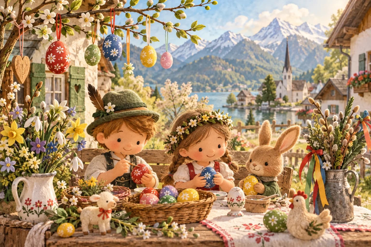 Décorations de Pâques autrichiennes avec œufs colorés, branches fleuries et lapin dans un village de printemps
