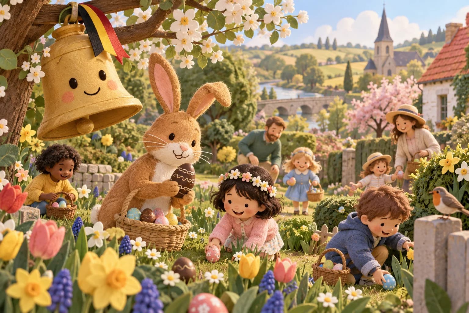 Enfants cherchant des œufs avec une cloche et un lapin dans un jardin belge au printemps