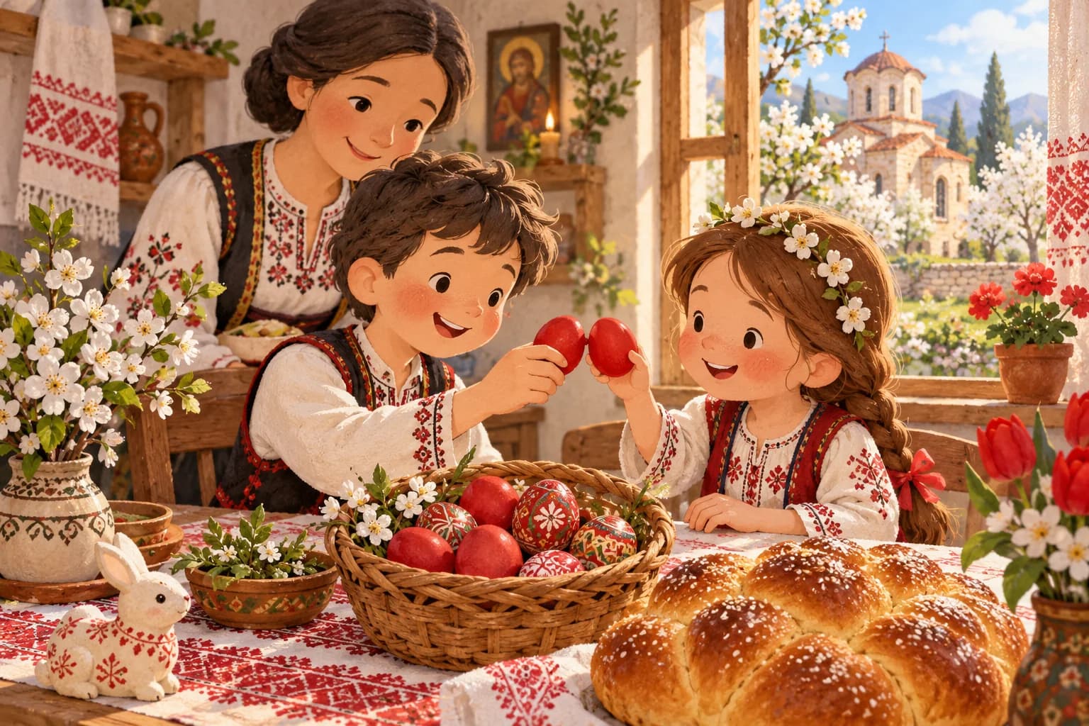 Deux enfants entrechoquent doucement des œufs rouges autour d’une table de Pâques bulgare, près d’un pain brioché tressé.