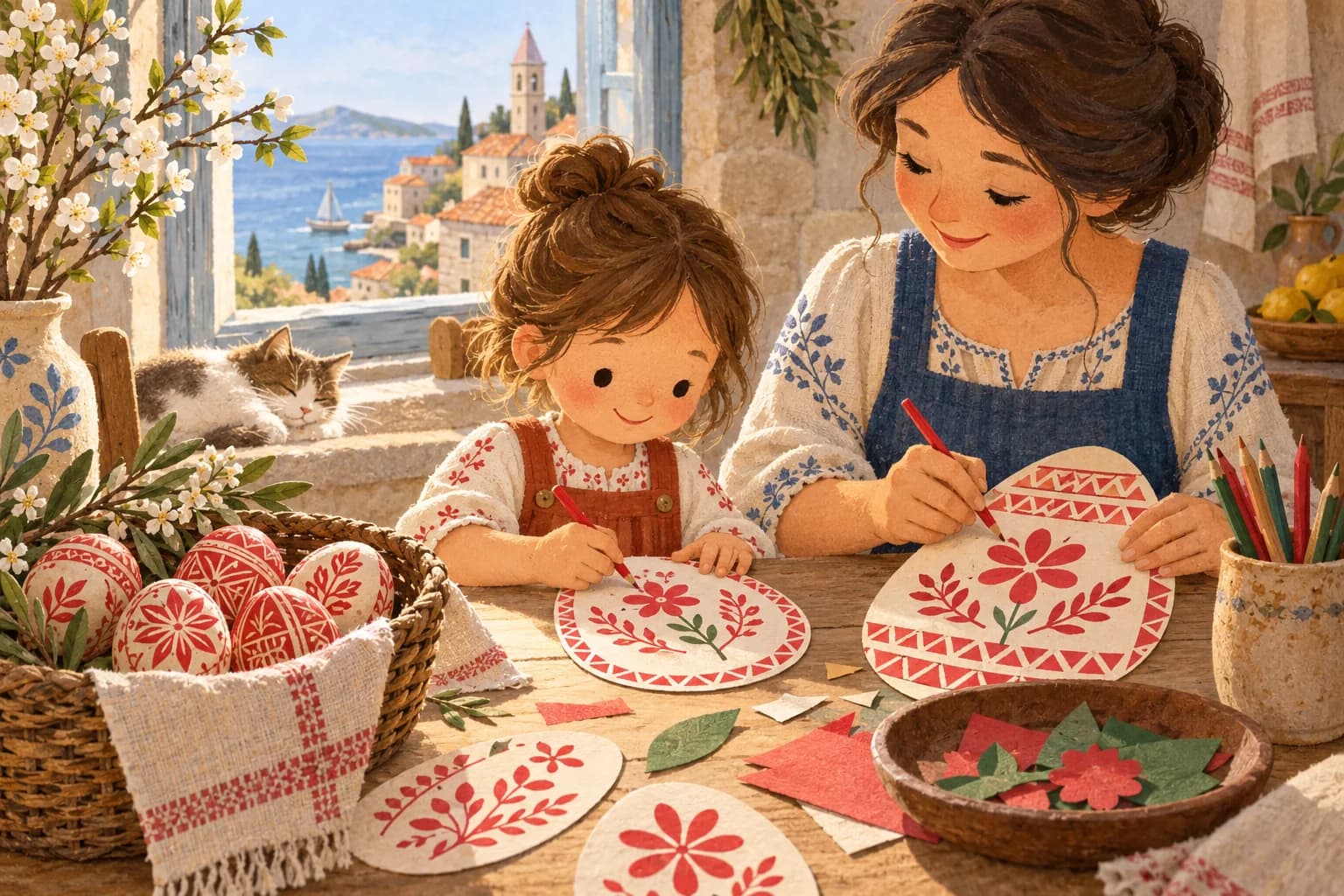 Un enfant et un adulte décorent des œufs en papier près d’un panier d’œufs aux motifs rouges et crème.