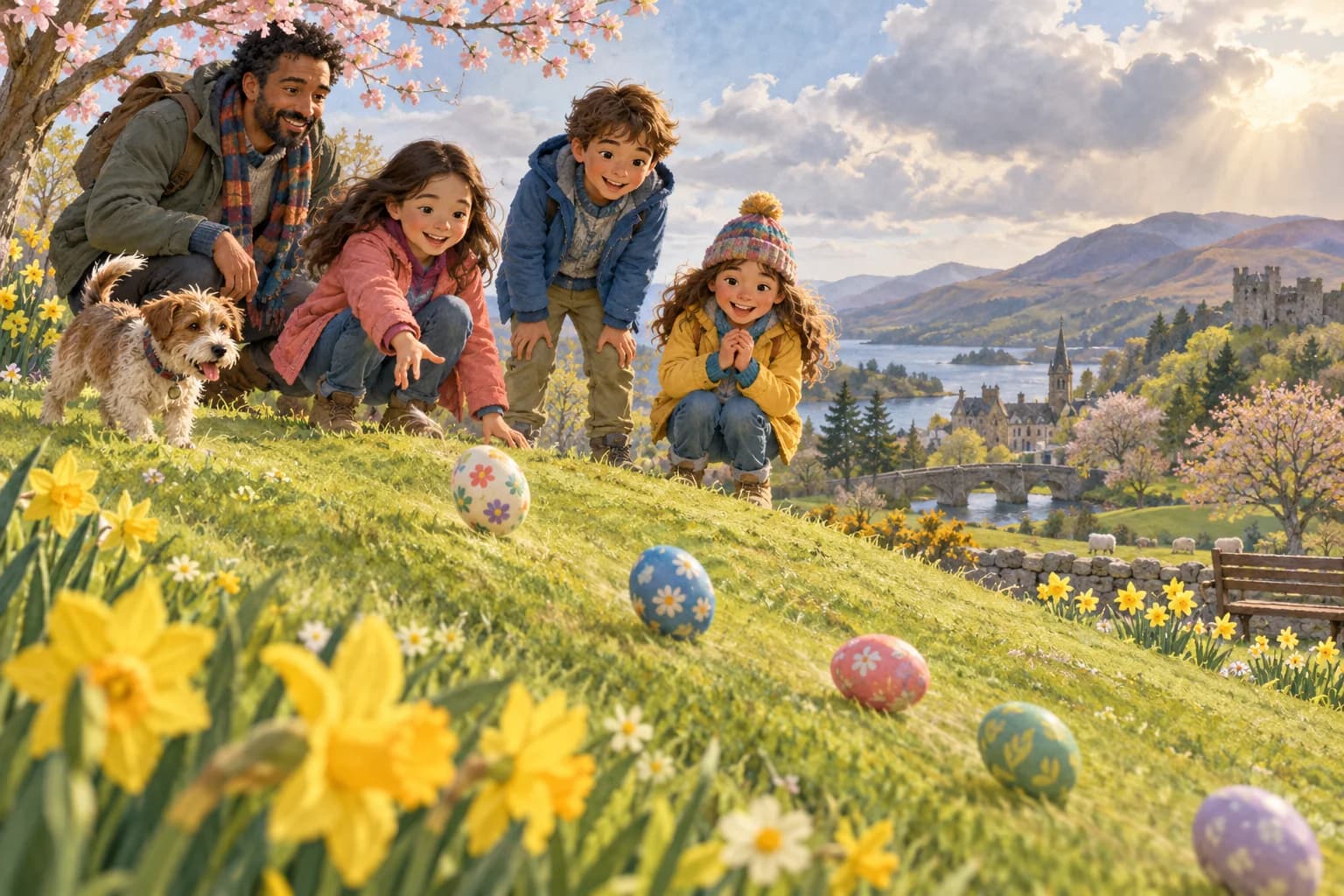 Des enfants et un adulte regardent des œufs décorés rouler sur une pente herbeuse en Écosse.
