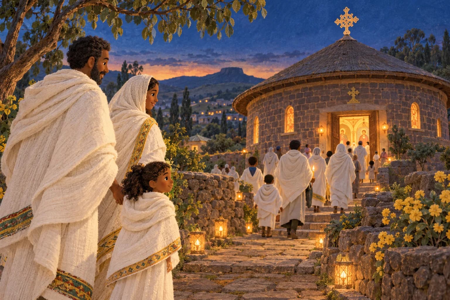Une famille éthiopienne arrive près d’une église ronde à la tombée de la nuit pour célébrer Fasika.