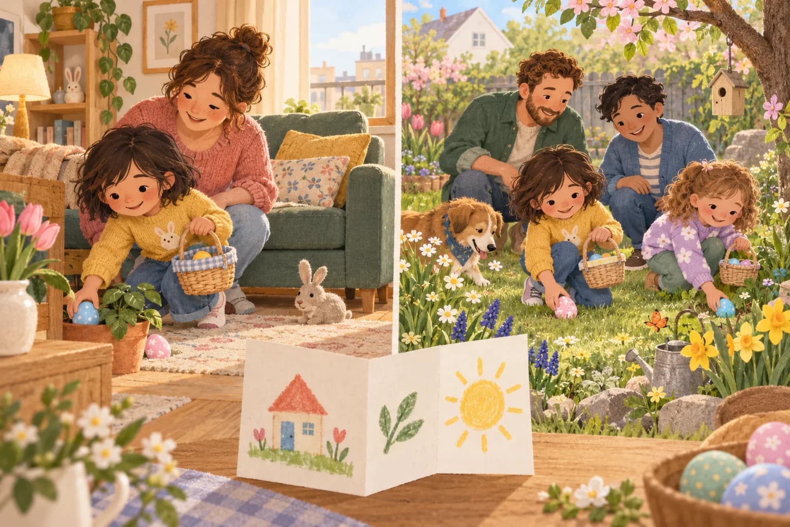 Un enfant participe à deux chasses aux œufs, en appartement et au jardin, entouré de sa famille dans chaque maison.