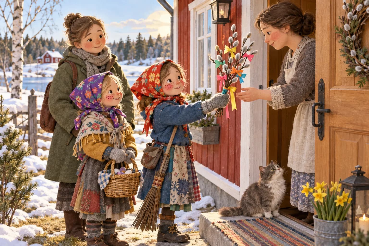Deux enfants déguisés en sorcières offrent un rameau de saule décoré à la porte d’une maison finlandaise.