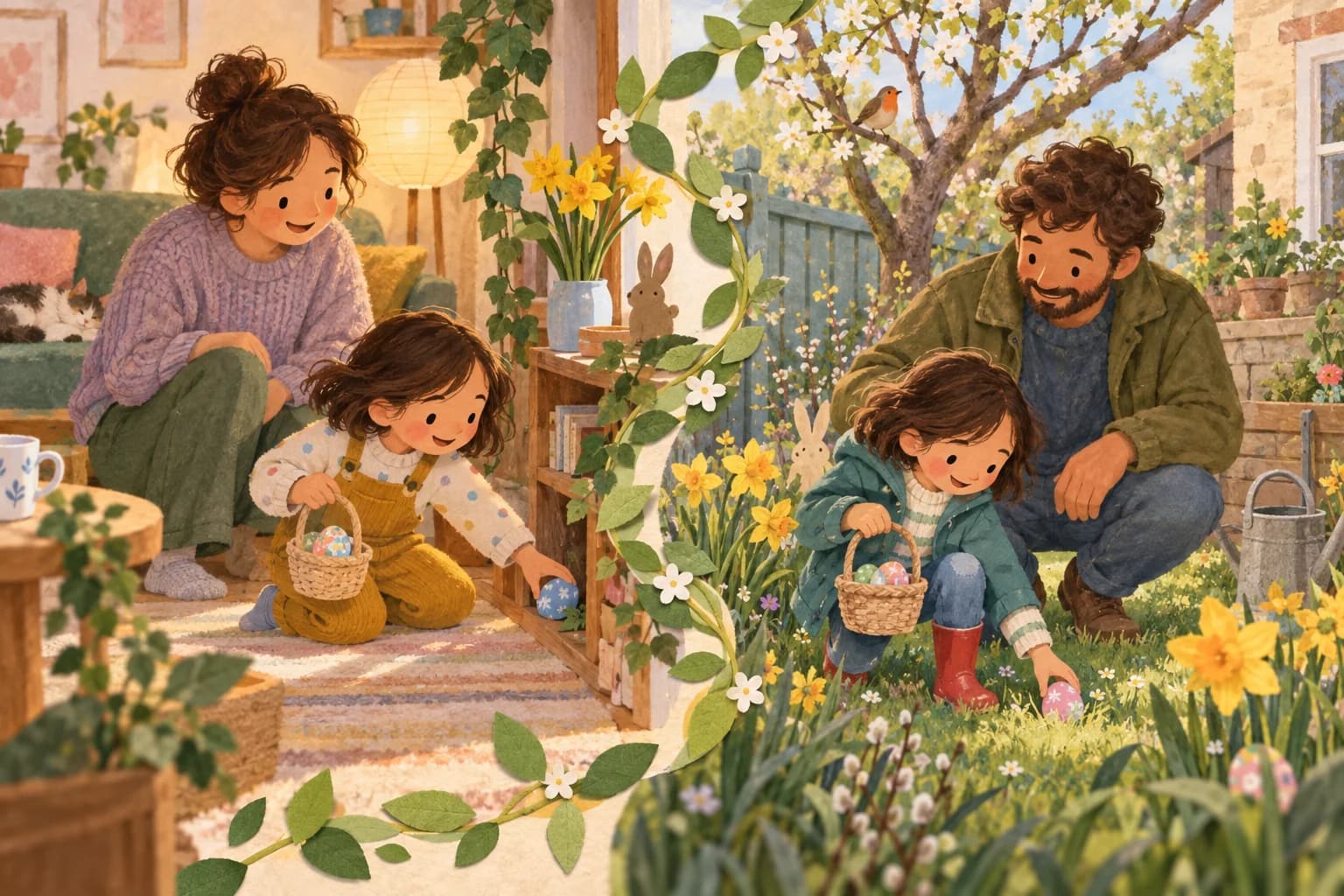 Un enfant participe à deux chasses aux œufs, dans un appartement puis dans un jardin, avec un parent dans chaque lieu.