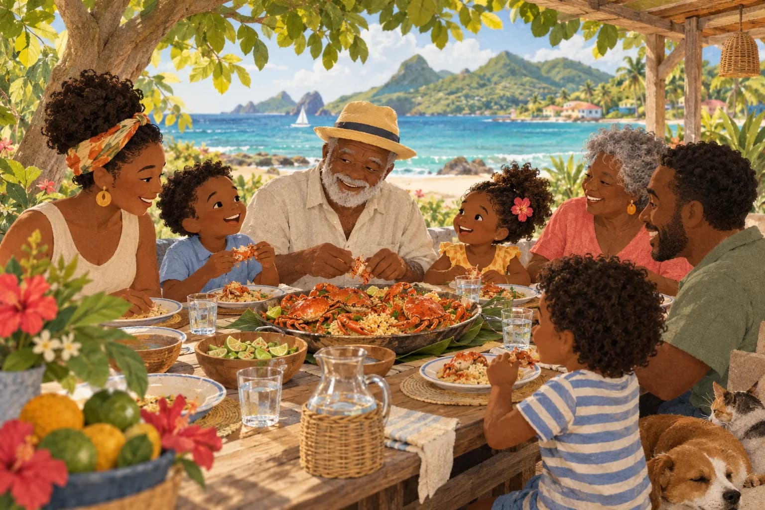 Une famille partage un repas de crabes et de riz à l’ombre, près d’une plage antillaise.
