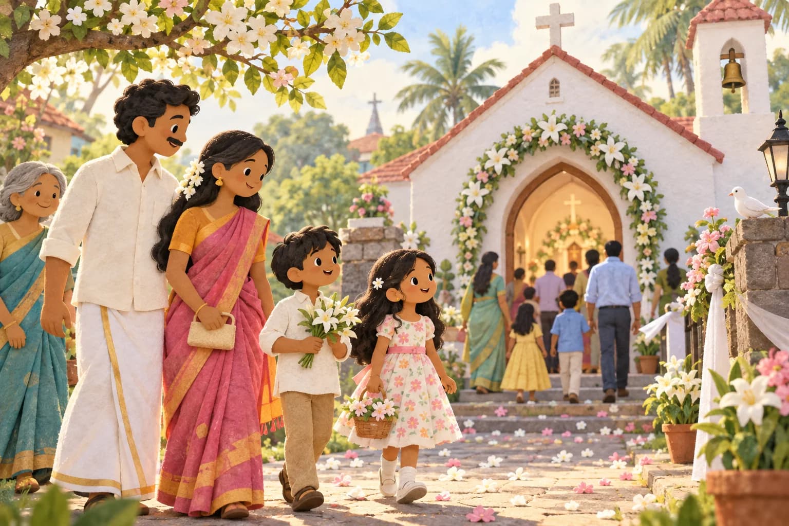 Famille chrétienne indienne devant une église décorée de fleurs pour Pâques