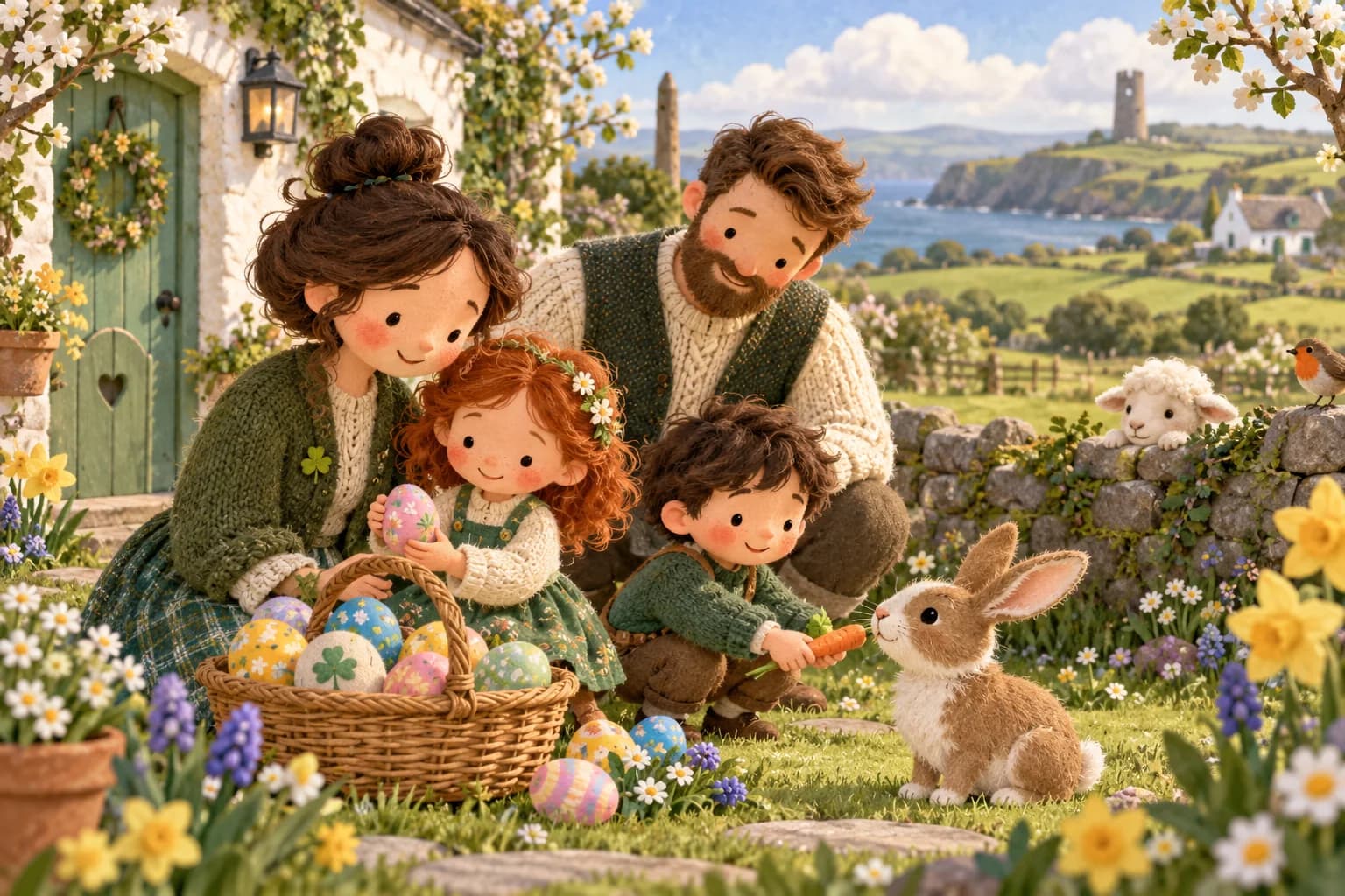 Famille en Irlande célébrant Pâques dans un jardin printanier avec des œufs décorés