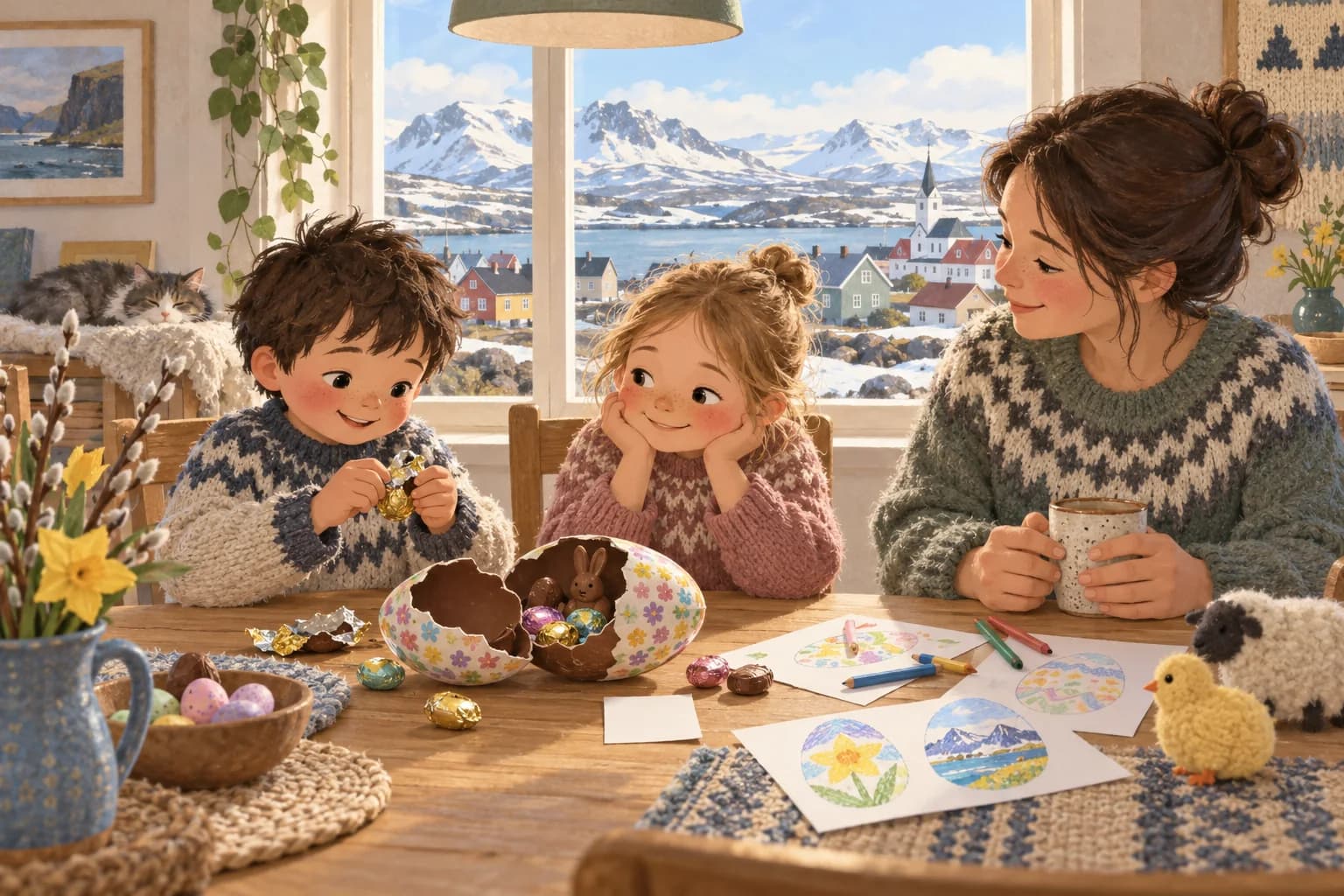 Enfants autour d’un œuf en chocolat, devant une fenêtre ouverte sur un paysage islandais encore enneigé.