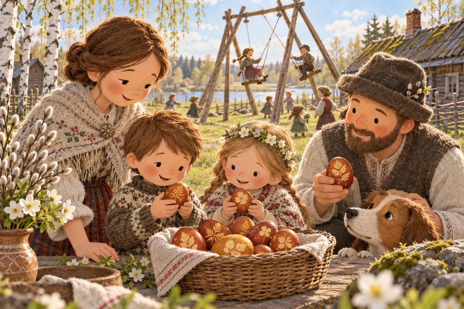 Des enfants et leurs parents admirent des œufs aux motifs végétaux, près d’une grande balançoire en bois au printemps.