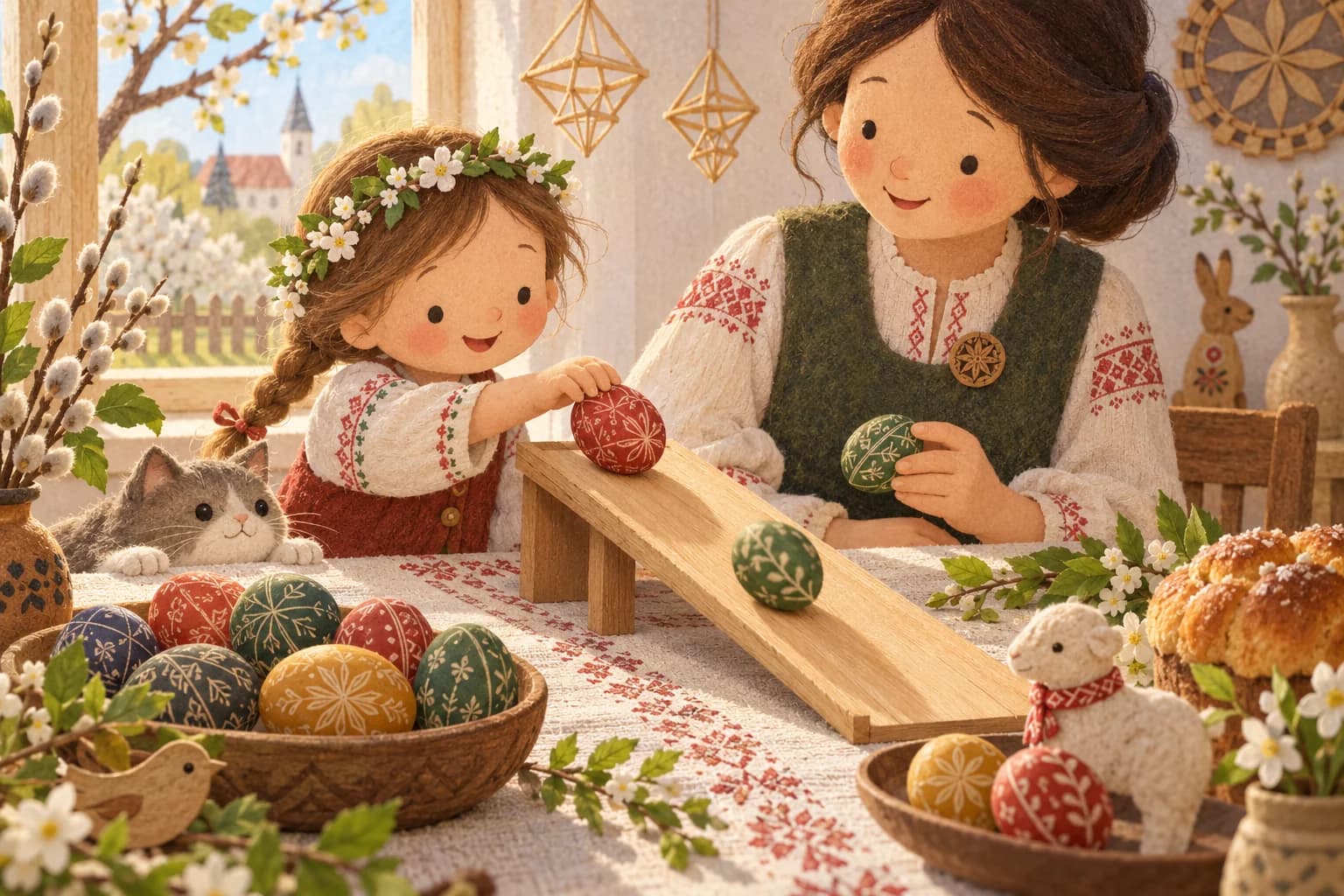 Enfant et parent décorant puis faisant rouler des œufs de Pâques gravés