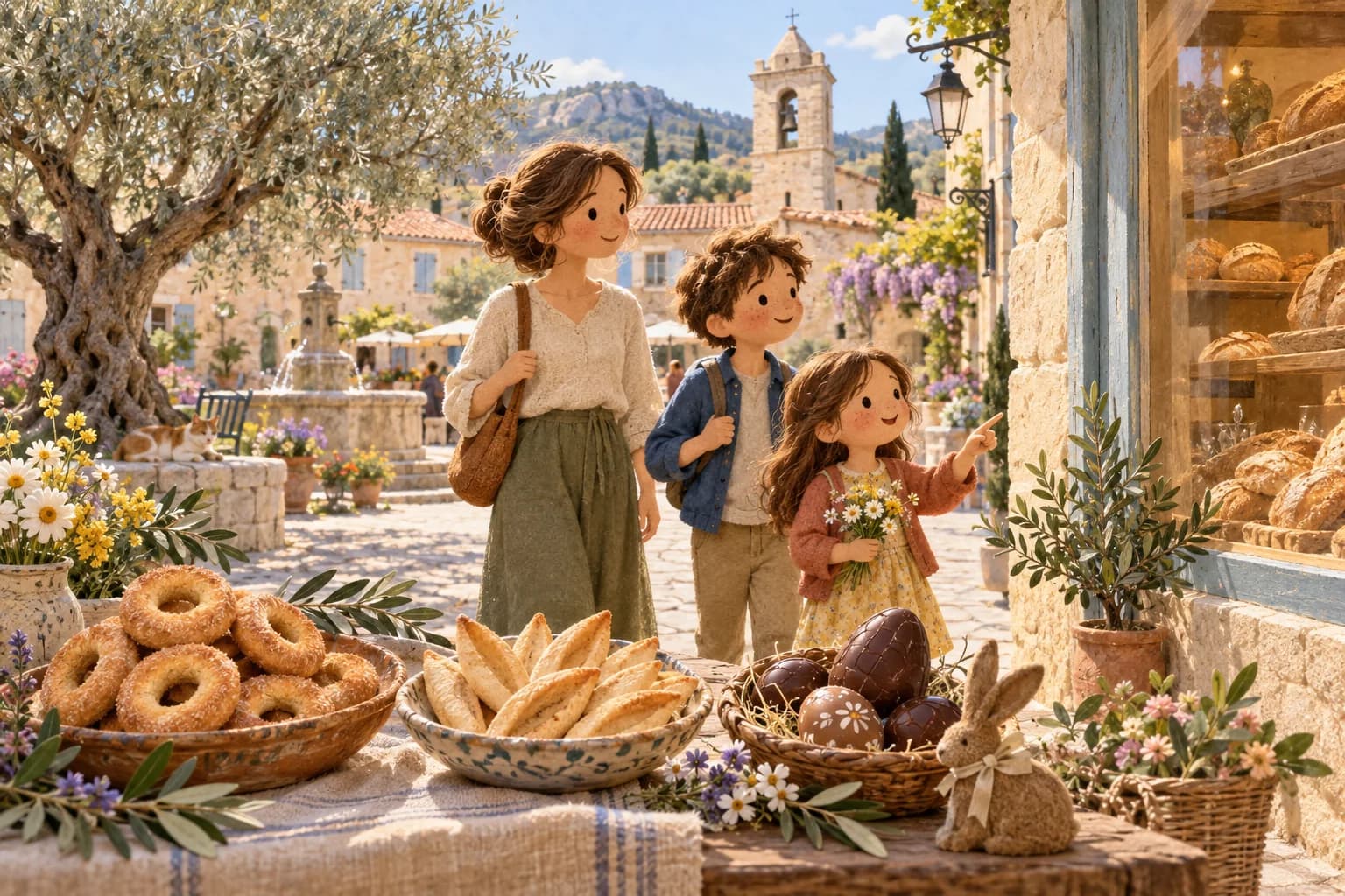 Une famille découvre un village provençal au printemps, près d’un olivier, de biscuits régionaux et d’œufs de Pâques.