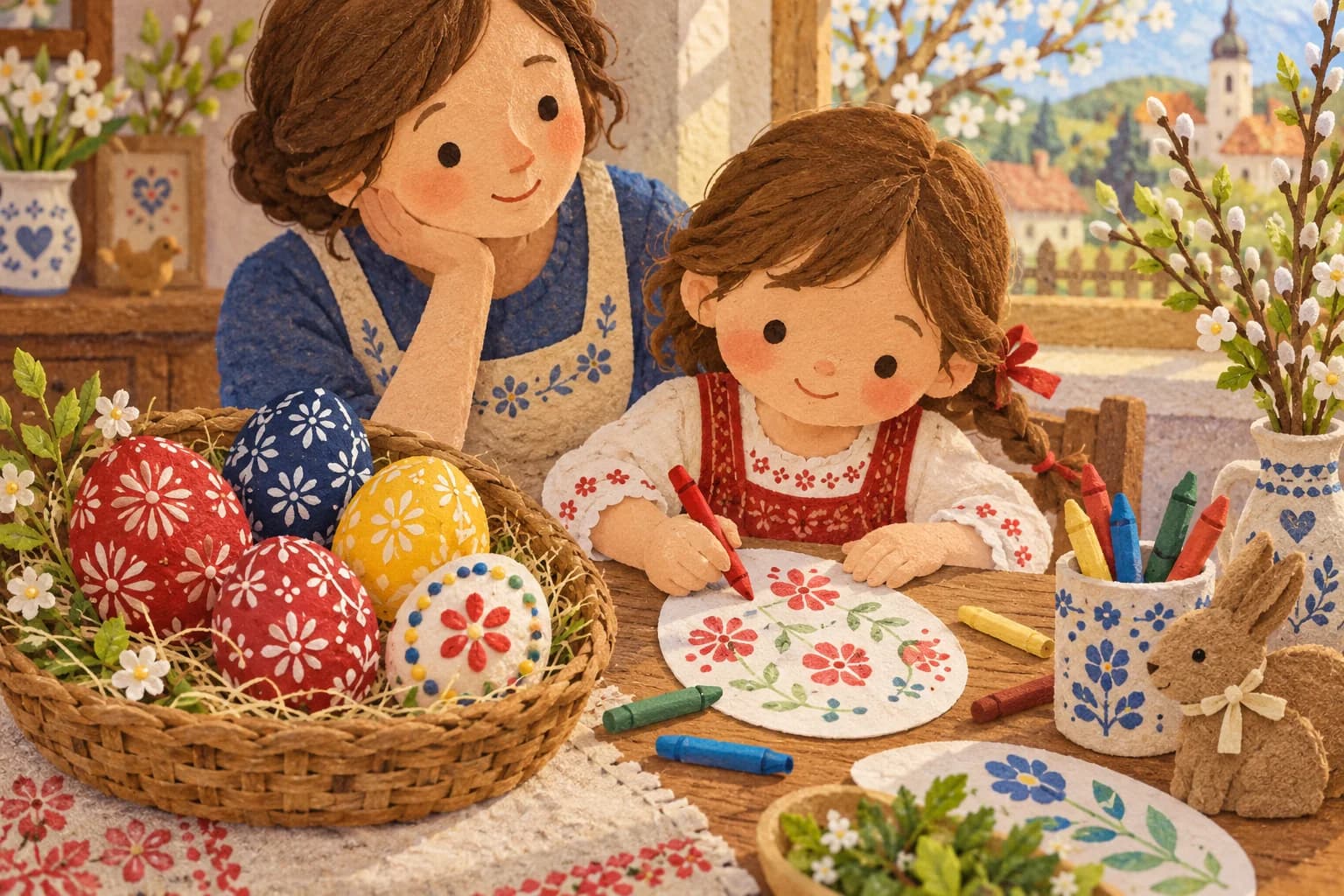 Des kraslice aux motifs colorés près d’un enfant qui décore un œuf en papier avec un parent.