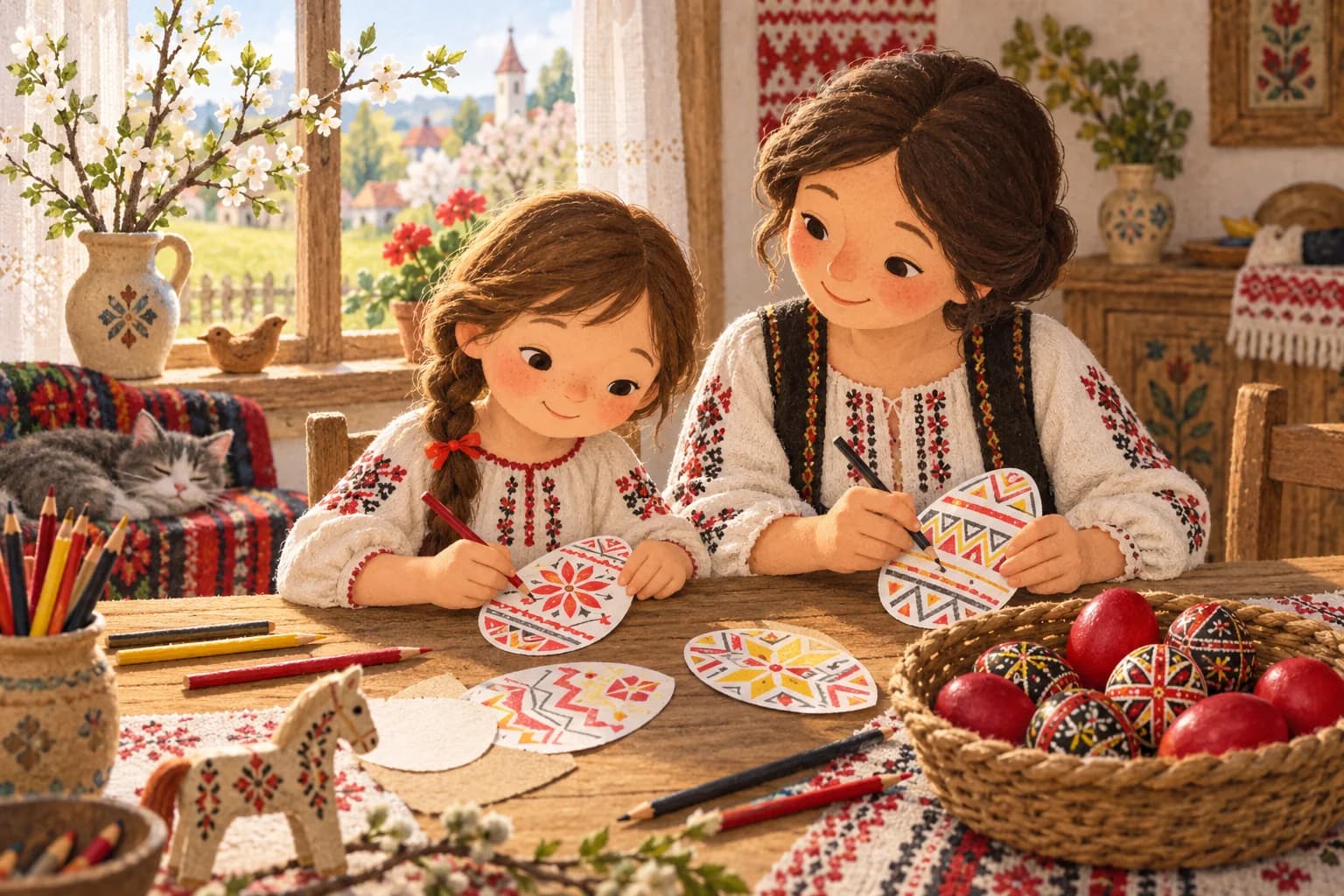 Un enfant et un parent dessinent des motifs sur des œufs en papier, près d’un panier d’œufs rouges et décorés.
