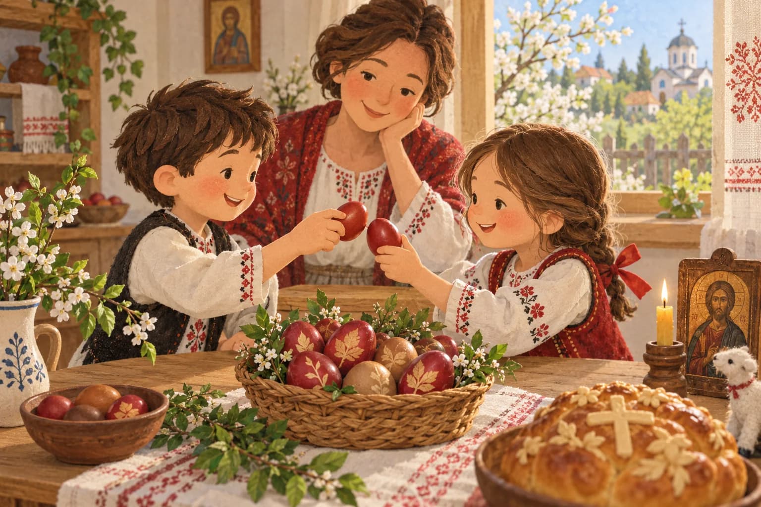 Deux enfants entrechoquent doucement des œufs rouges autour d’une table familiale à Pâques en Serbie.