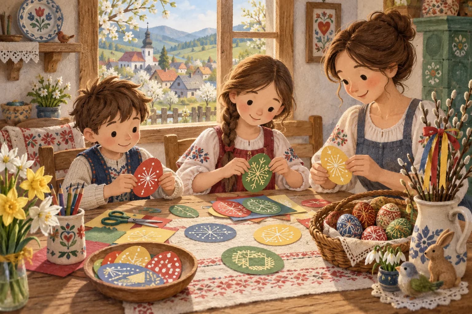 Deux enfants et un adulte décorent des œufs en papier, près de kraslice et de rameaux de saule ornés de rubans.