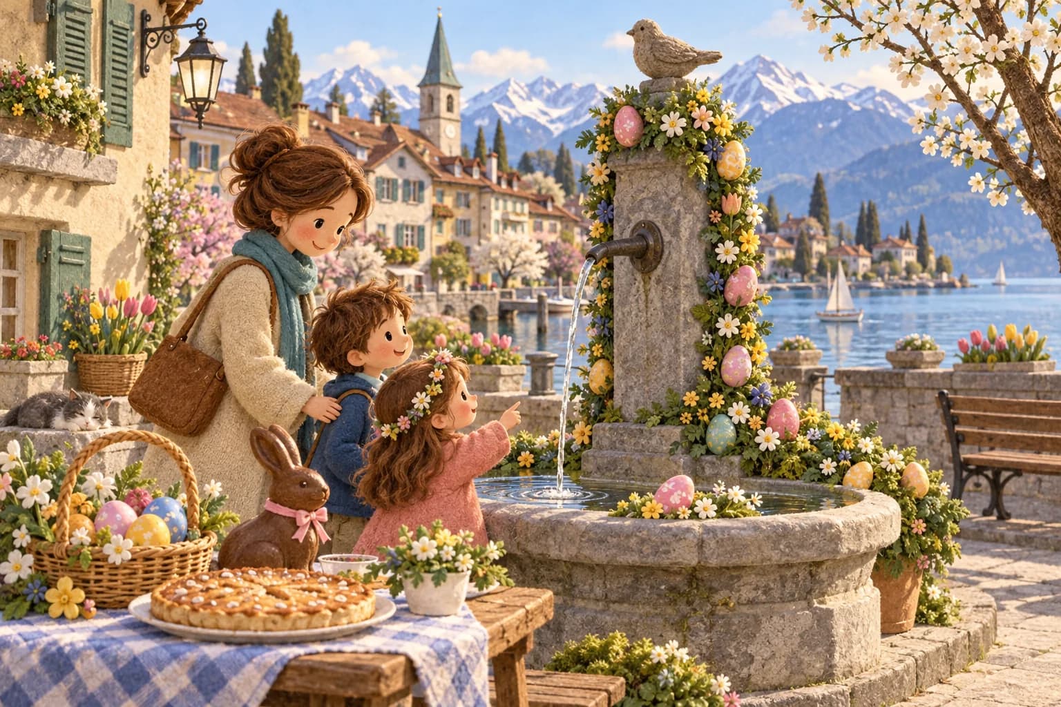 Une famille admire une fontaine suisse décorée pour Pâques, près d’un panier d’œufs et d’une tarte de saison.