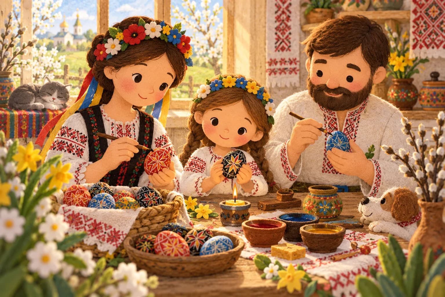 Des œufs ukrainiens décorés de motifs colorés sur une table de printemps