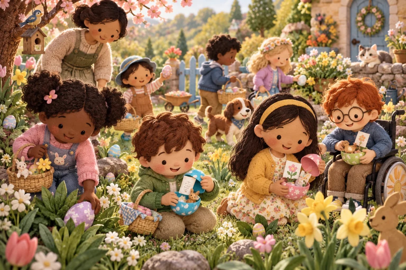 Des enfants différents cherchent ensemble des œufs de Pâques colorés sous la surveillance d’un adulte.