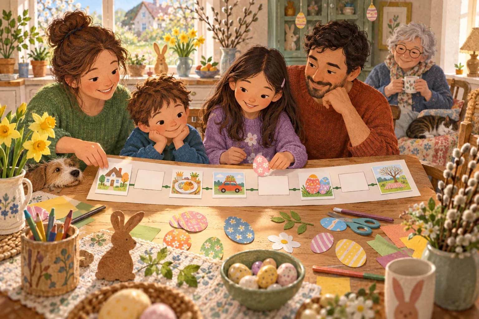 Une famille prépare une frise du week-end de Pâques avec des dessins et des œufs colorés en papier.