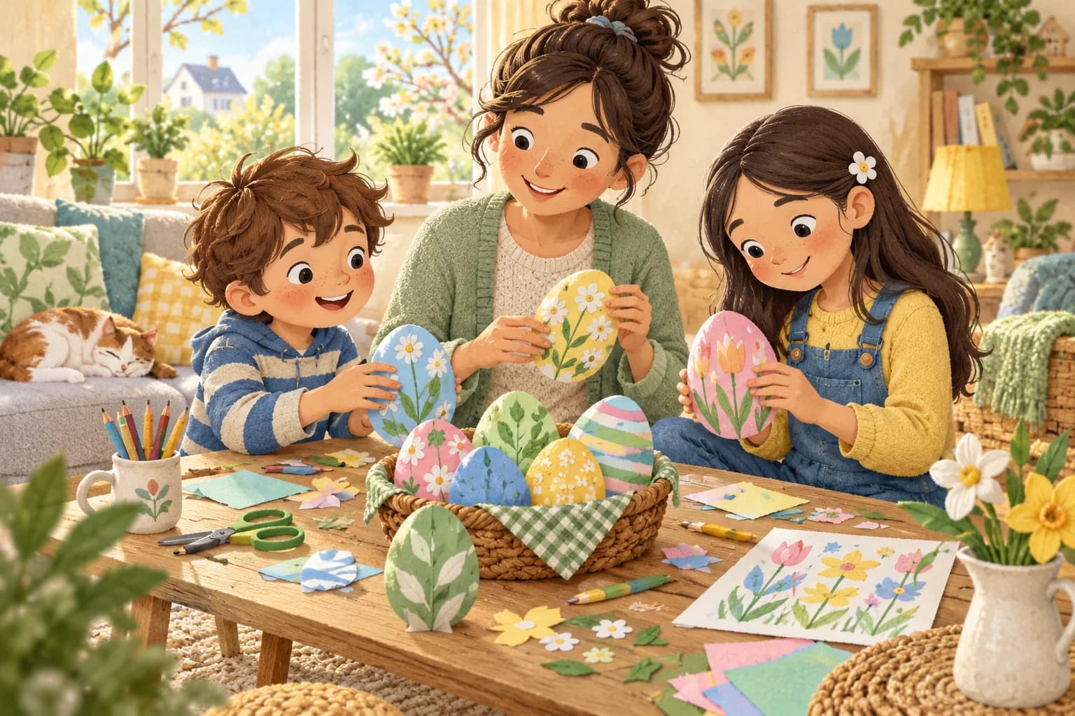 Deux enfants et un parent préparent des œufs en papier colorés pour une fête de Pâques sans chocolat.