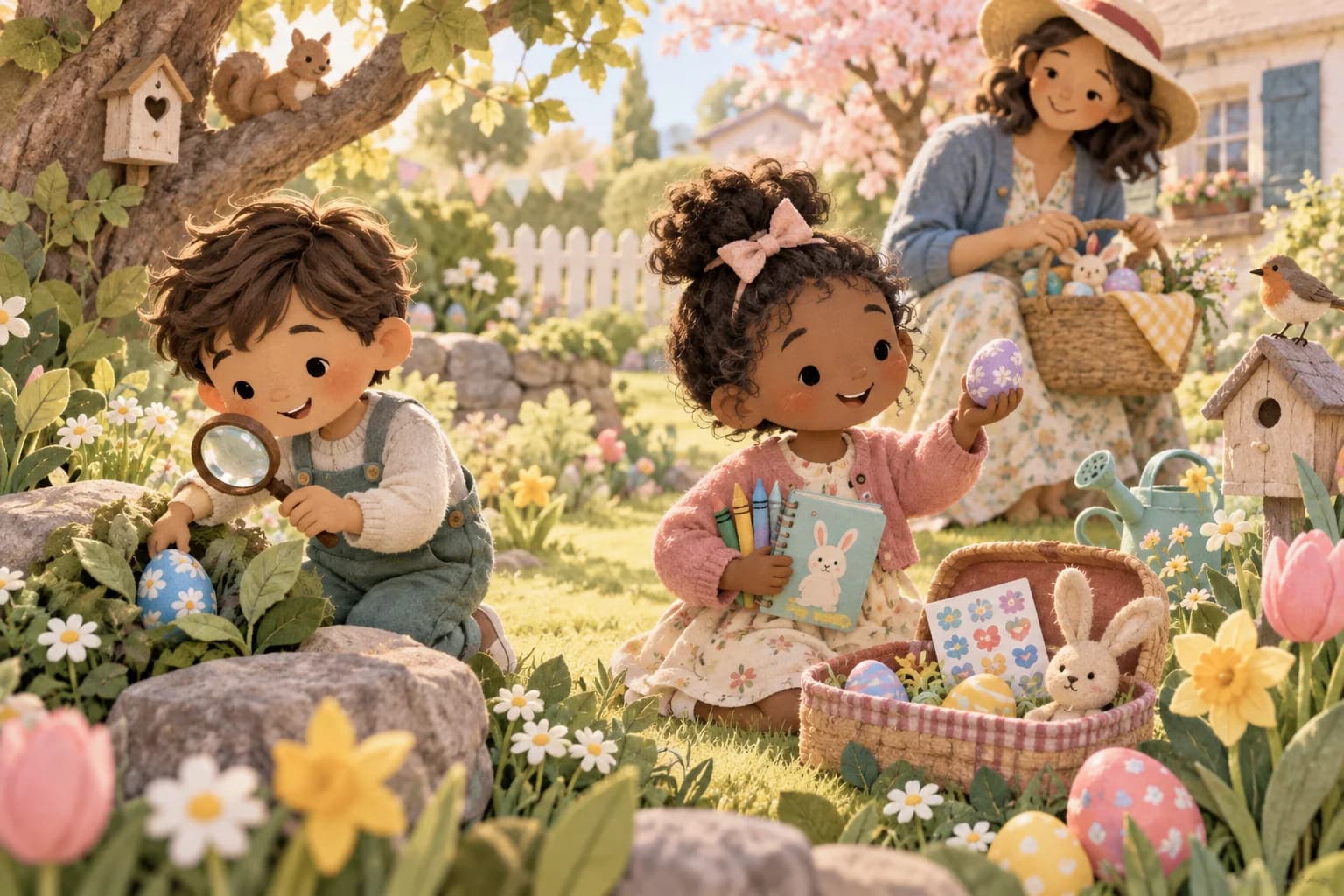 Des enfants cherchent des œufs décorés et des petits cadeaux dans un jardin printanier