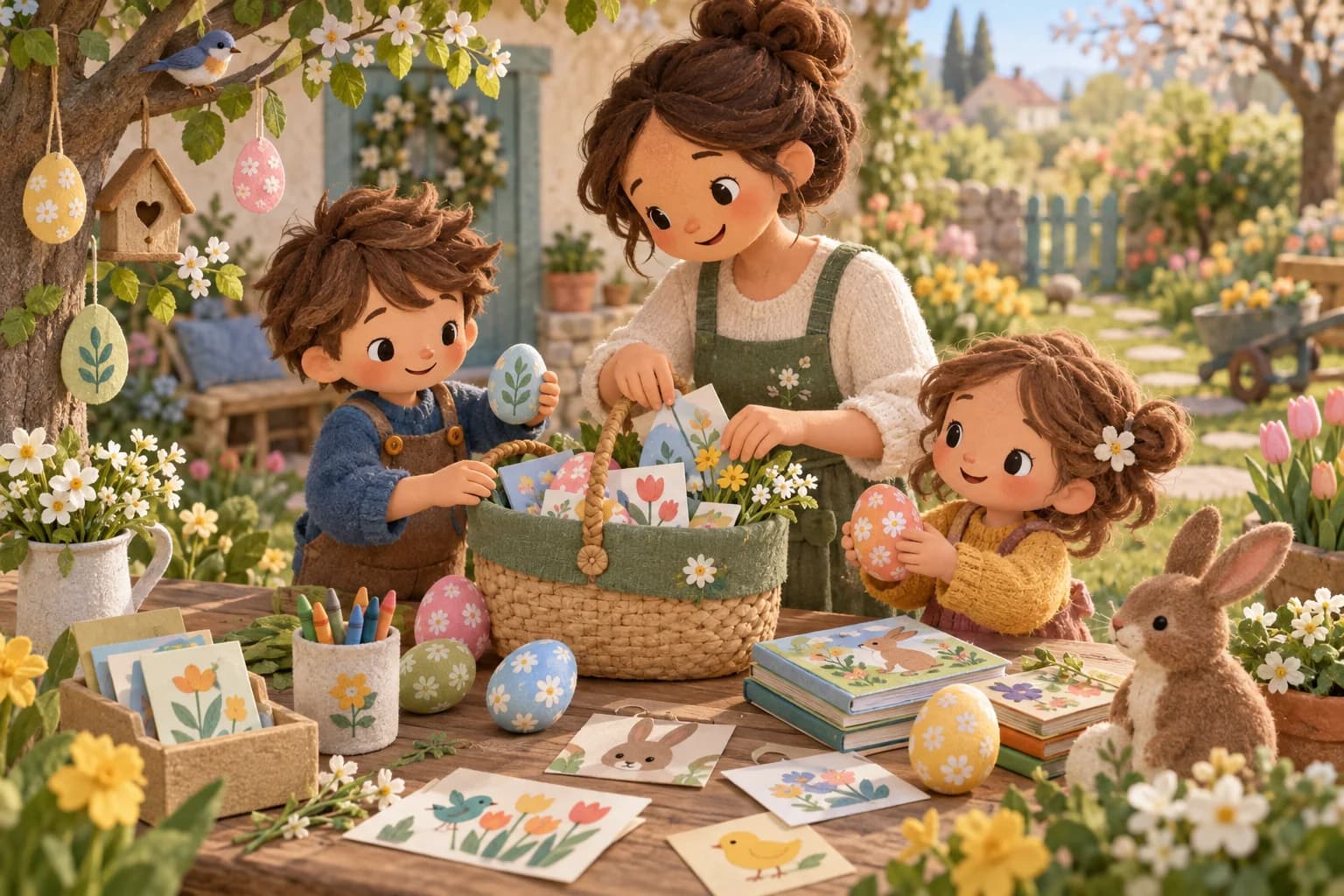 Enfants et parent préparant une chasse aux cadeaux de Pâques sans chocolat dans un jardin fleuri